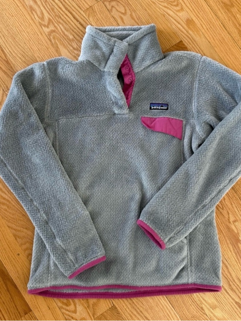 Patagonia Re-Took Half Snap Gray Teddy Fleece Pullover with Pink Trim
